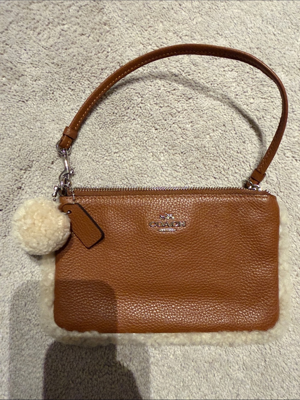 Coach Pebble Leather Shoulder Pouch in Saddle Brown with Cream Trim